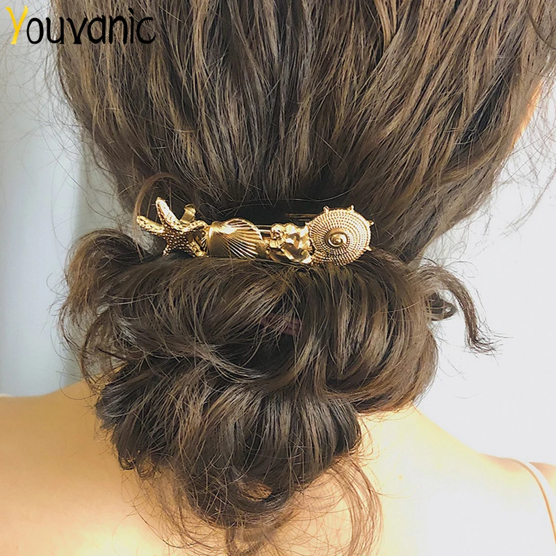 

Youvanic Women Bohemian Gold Shell Hairpin Clips Vintage Starfish Sea Star Snail Barrettes Headband Summer Hair Accessories 0368