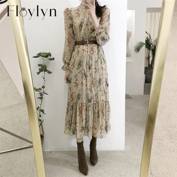 

FLOYLYN Elegant V-neck Floral Printed Women Dress Flare Sleeve A-line Female Chiffon Dress 2020 Vintage Women Midi Vestidos