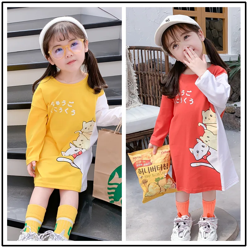 

ZSIIBO Cartoon Cat Dress Girls Costume Stitching color Winter Fall Long Sleeve Cotton Princess dress Children Clothing WGTQ137