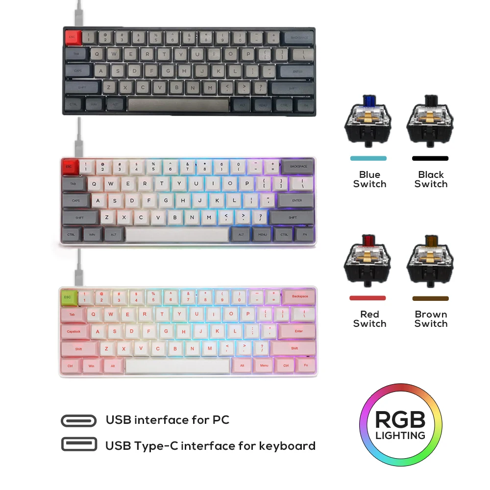 SK61 GK61 Mechanical Keyboard PBT Keycap USB Wired Gateron Optical Switch Axis RGB Backlit Gaming PC Desktop Laptop Gamer
