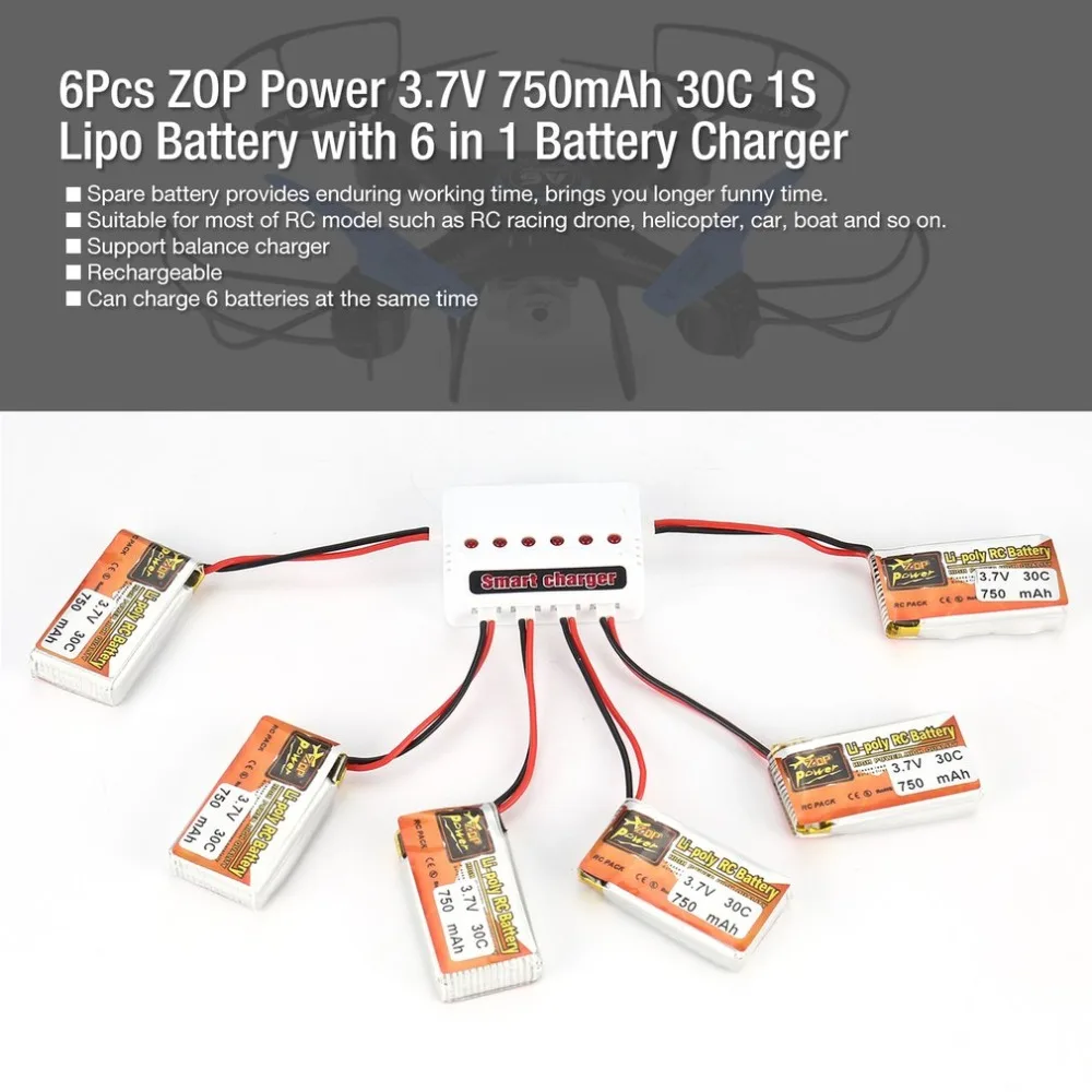 

6Pcs ZOP Power 3.7V 750mAh 30C Lipo Battery Rechargeable with 6 in 1 Battery USB Charger for RC Racing Drone Helicopter Car hz