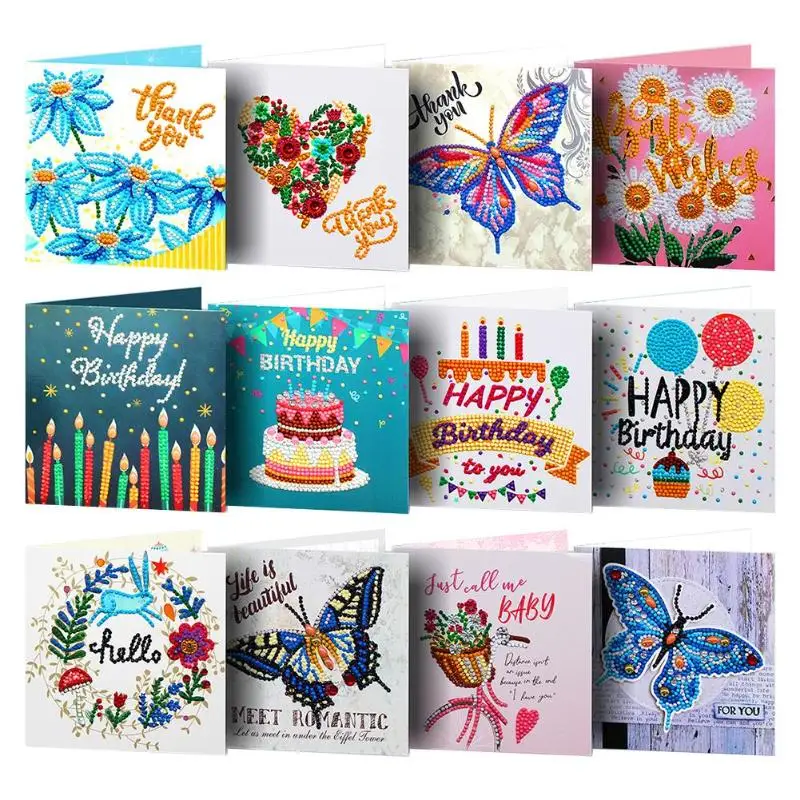 12pcs Diamond Painting Greeting Card Special Shape Embroidery for Birthday Xmas 
