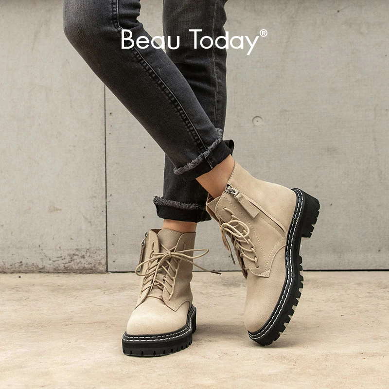 BeauToday Botines de ante de vaca con cordones y cremallera para mujer, botas de piel auténtica, hechas a mano, invierno, 03443|Botas hasta el - AliExpress