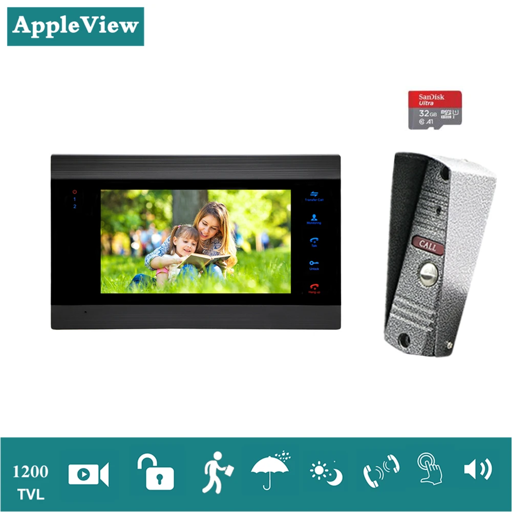 

Visual Intercom Doorbell 7'' TFT LCD Wired Video Door Phone System Indoor Monitor 1200TVL Outdoor IR Camera Support Unlock