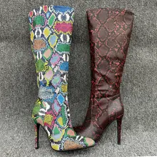 AIWEIYi, новые пикантные женские сапоги до колена женские сапоги до бедра с острым носком на высоком тонком каблуке женские сапоги без застежки со змеиным принтом