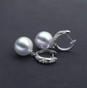 

Free Shipping AAA 9.5-10mm White South Sea Cultured Pearl Diamond Drop Earrings 18K White Gold