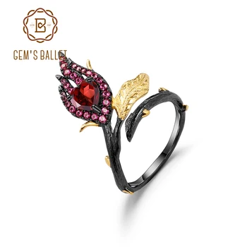 

GEM'S BALLET 925 Silver Black Golden Handmade Bud Flower Open Ring Burning Heart Natural Garnet Woman's Adjustable Gemstone Ring