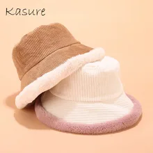 KASURE Винтаж вельветовые сплайсинга плюшевые шапки ведро осень и зима теплый Ведро Шляпа Сплошной Цвет кепки с флисовой подкладкой для женщин