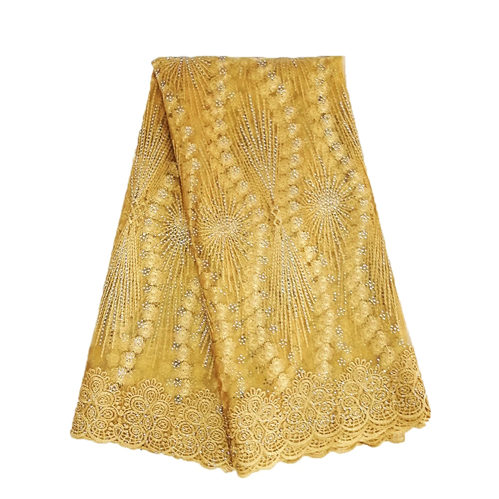 

Rhinestones Yellow Dress Lace Fabric 2019 Latest Net Mesh African Embroidery Lace Fabric For Nigerian Wedding
