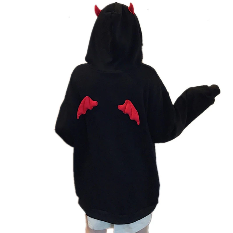 Harajuku Hoodies Girl Little Devil Horns Gothic Hooded Sweatshirts Women Demon Fly Wings Loose Pullovers Pocket Tops Streetwear black hoodie