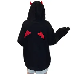 Hoodies menina pequeno diabo chifres gótico com capuz sweatshirts feminino demônio voar asas pullovers solto bolso tops streetwear