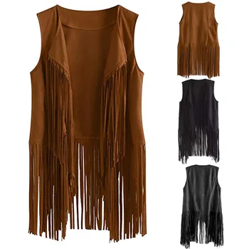 

Fringe Sleeveless Jacket Women Leather Suede Tassels Vintage Cowgirl Coat Women Cardigan sleeveless Jacket Chaqueta Mujer