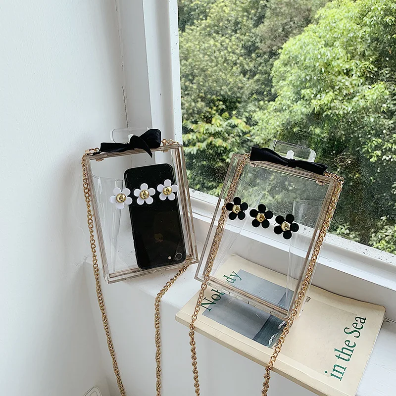 

Cute Bow Small Flower Women's Bags Simple Acrylic Transparent Chain Shoulder Crossbody Bags Women Clear Mini Box Lady Purses Sac