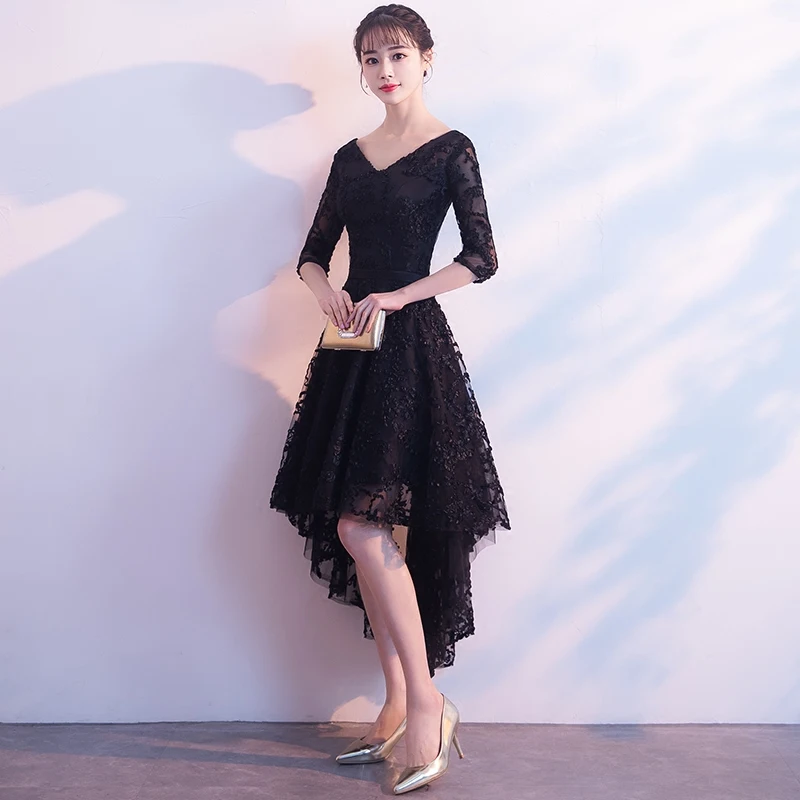 Robe de soiree черное кружевное вечернее платье с v-образным вырезом и коротким рукавом вечернее платье с коротким передом и длинной спинкой платья для выпускного вечера