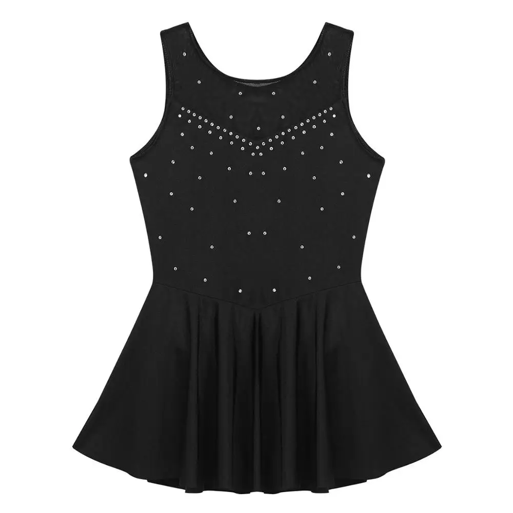 Kids Girls Figure Skating Dress Lyrical Dance Ballet Gymnastics Acrobatics Leotard Tutu Sleeveless Rhinestone Mesh Dancewear