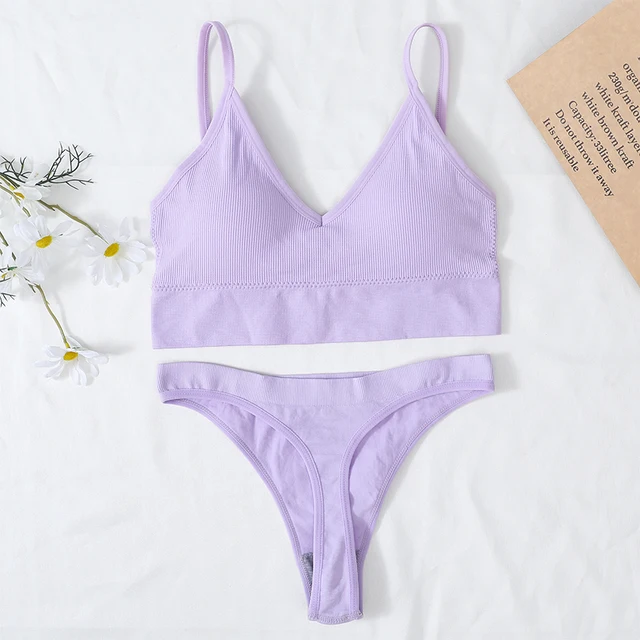 Women Bra And Panties Set Sports Bra Set Sexy G-String Seamless Bra Thong Sexy Lingerie Set Fitness Crop Top Underwear Intimates Brazilian lavender