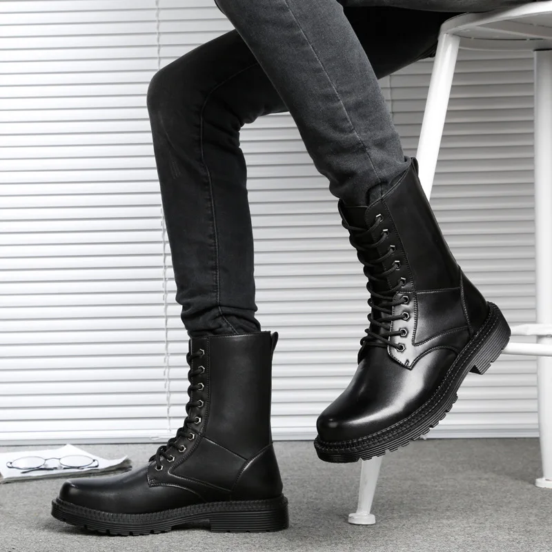 

Man's Leather Boots Korean-style Trend Hight-top MEN'S SHOES Combat Boots Tube Martin Boots Men's Boots