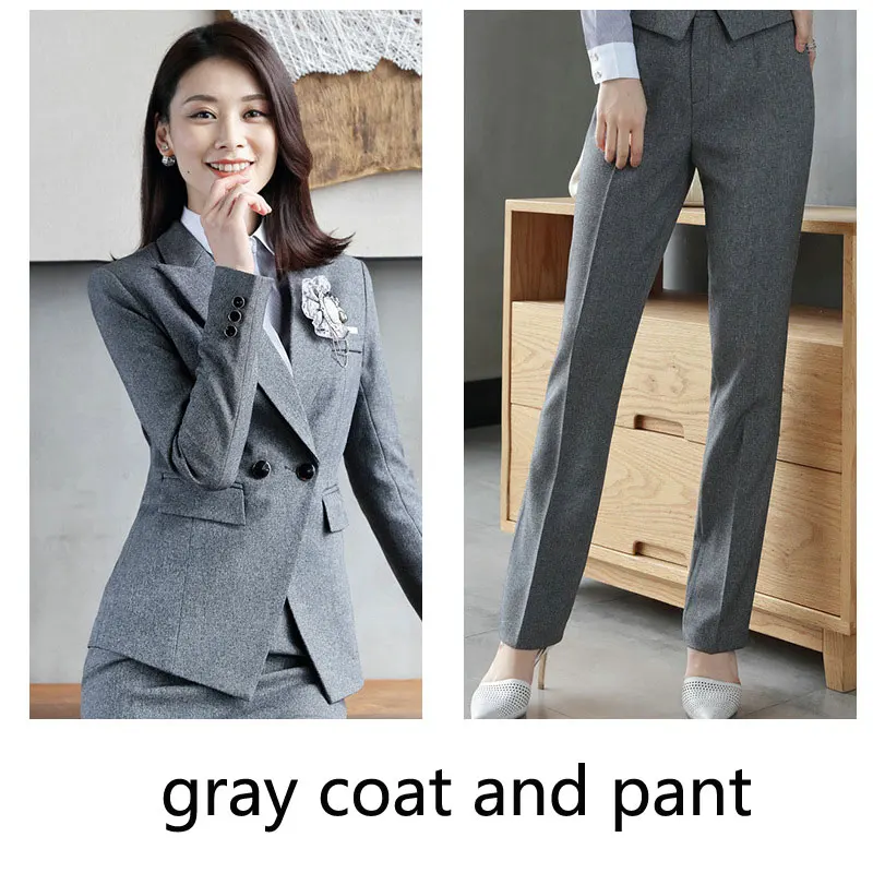gray coat and pant IZICFLY осень весна стиль Офисная женская униформа деловой костюм Женская рабочая одежда 2 шт. брюки костюм элегантный блейзер набор 4XL - Цвет: gray coat and pant