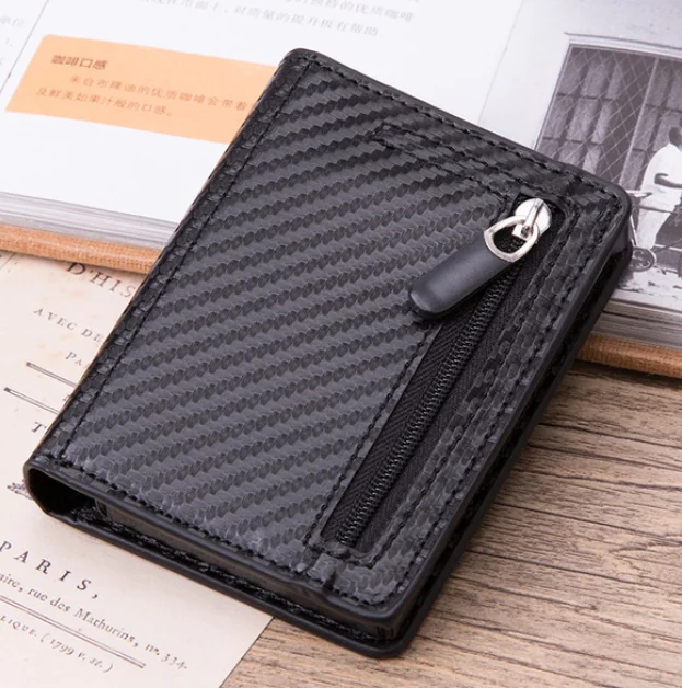black carbon fiber Мужской Противоугонный Алюминиевый футляр, чехол для кредитных карт для женщин, RFID Блокировка, засов, кошелек для карт, всплывающие держатели для карт, на молнии, мини кошелек для монет - Цвет: black carbon fiber