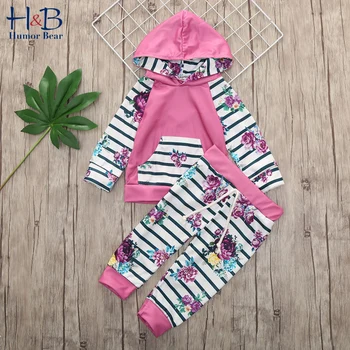 

Humor Bear Spring Autumn Baby Girls Clothes Sets Flower Striped Long Sleeves Sweater Hooded+Pants 2Pcs Toddler Clothing Suit