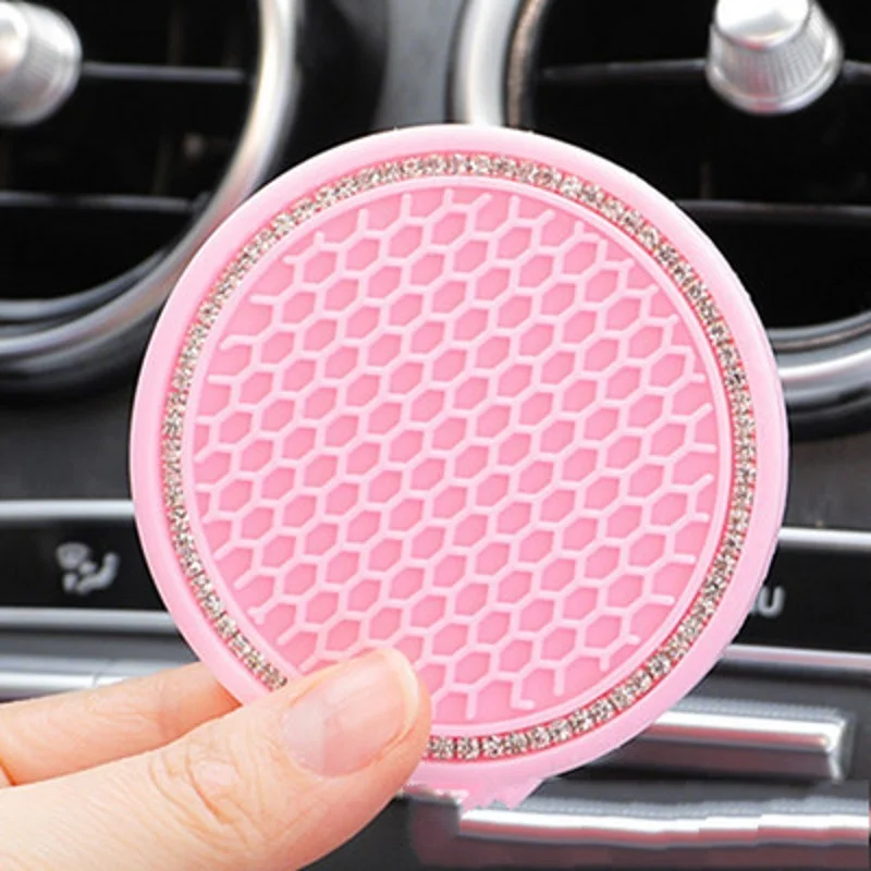 2pcs Non-slip Car Water Cup Pad Diamond Rhinestone Rubber Mat for Bottle Holder Coaster Auto Interior Anti-skid Cup Holders 7cm