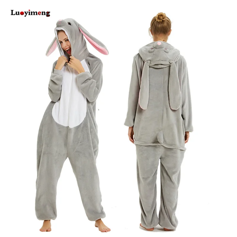 Новые пижамы единорога Onesie женские кугуруми панда зимняя Фланелевая пижама Кигуруми для взрослых ночнушка стежка unicornio пижамы комбинезоны - Цвет: grey rabbit