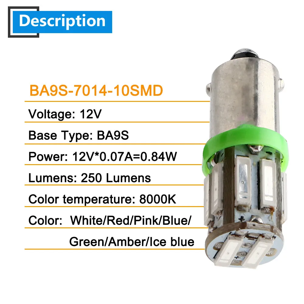 100X T11 12V BA9S 7014 10 SMD светодиодный лампочка для салона, боковой двери, задней панели приборной панели, индикатор для чтения, белый, красный, розовый