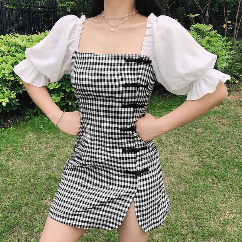 

2020 Female Puff Sleeve Dress Autumn Fashion Checkerboard Button Plaid Printed Dress Square Collar Slim Mini Dress For Women