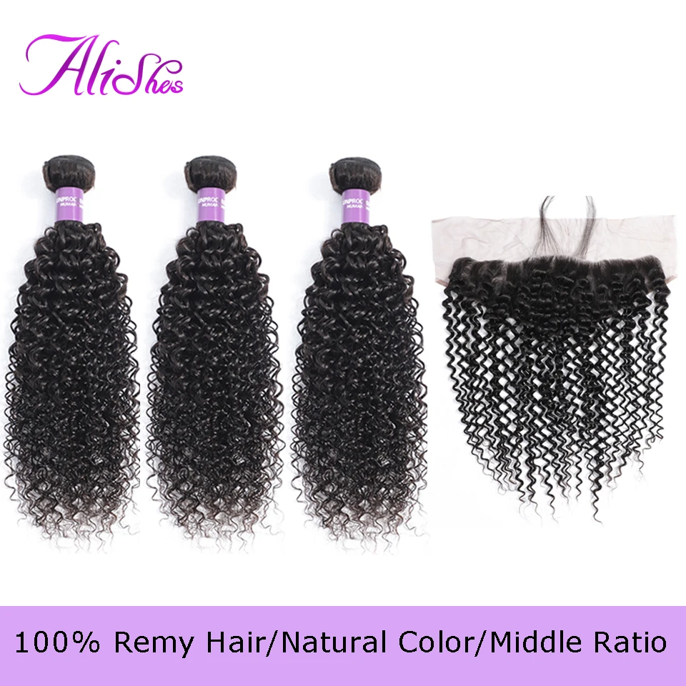 

Alishes Malaysian Curly Hair 3 Bundles With Lace Frontal Closure Ear To Ear Free Part Lace Closure 4PCS/LOT Remy Human Hair