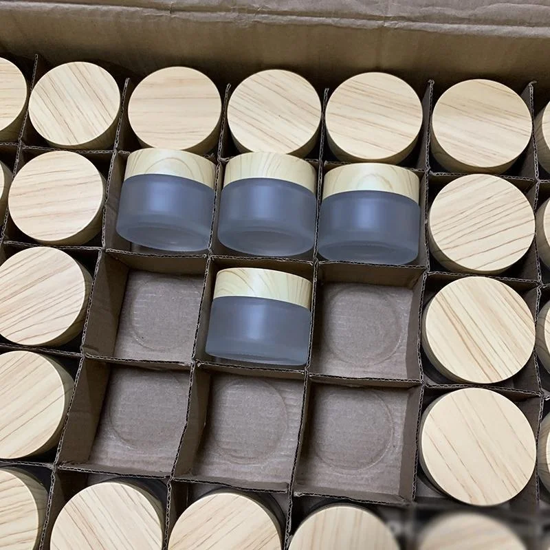 Frosted Glass Jar Cream Bottles Round Cosmetic Jars Hand Face Packing pitcher 5g 50g jug With Wood Grain Cover