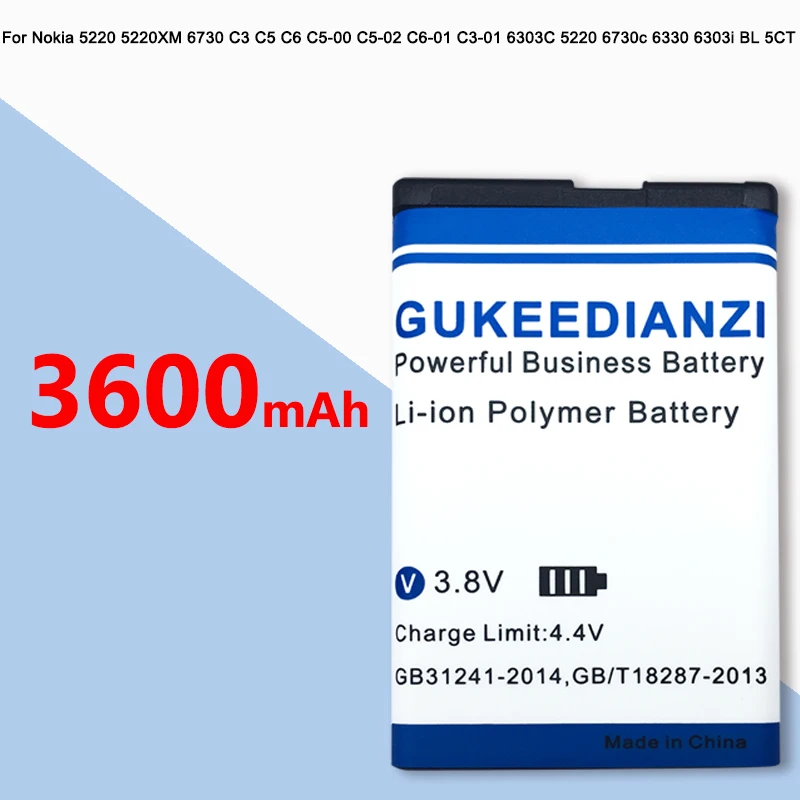 GUKEEDIANZI 3600 мАч телефон Батарея BL-5CT BL5CT батареи для Nokia 3720 5220 5220XM 6730 6330 6303i C5-02 BL 5CT |