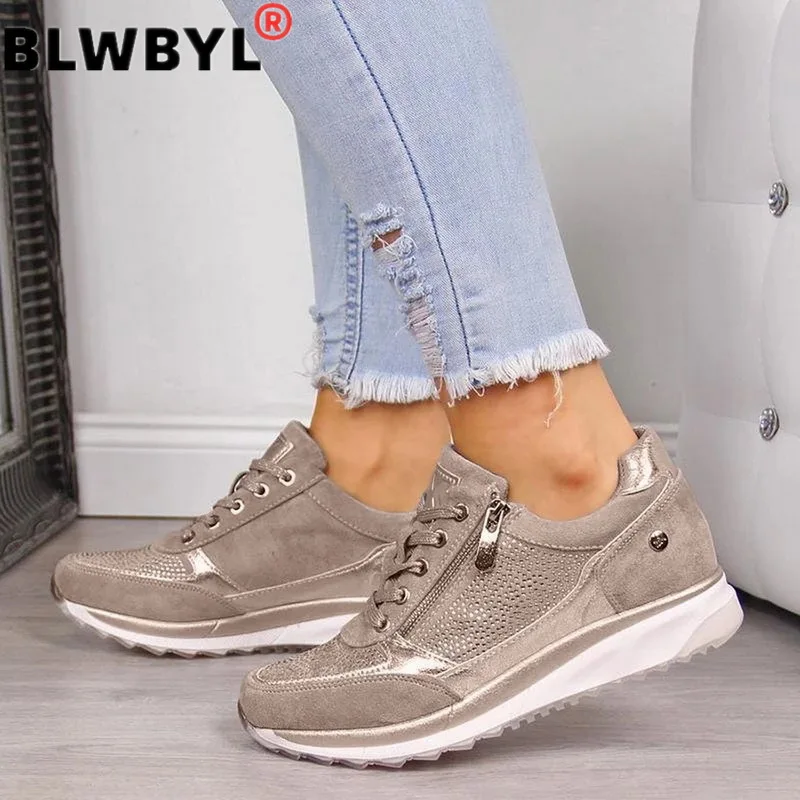 Женские кроссовки на платформе эластичные с толстым каблуком кожаные молнии