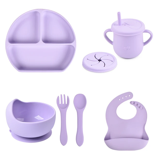 4/5/7PCS Soft Silicone Baby Feeding Dishes Sucker Bowl Plate Cup Bibs Spoon Fork Sets Non-slip Children's Tableware BPA Free