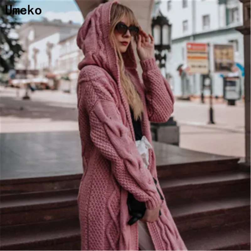Женский вязаный кардиган Umeko зимний плотный теплый длинный с капюшоном винтажный