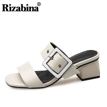 

Rizabina Women Sandals Buckle Leather Square Heel Open Toe Shoes Women Summer Casual Daily Mujer Sexy Slippers Size 33-43