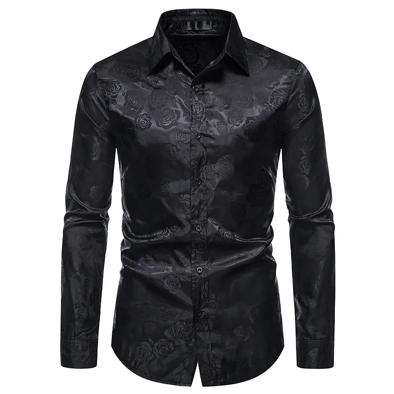 Long Sleeve Shirt Men Casual Shirt Men's Long Sleeve Button Shirt Rose Print Casual Shirt Slim Dress