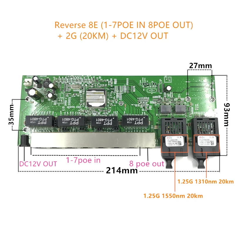 Обратное POE питание 10/100/1000M Gigabit Ethernet-коммутатор Ethernet волоконно-оптического одномодового 8 RJ45 UTP& 2 SC волокно Порты и разъёмы доска SFP3KM/20 км