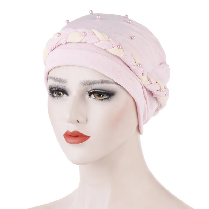 Bandanas Women Bead Braid Cotton Turban Hat Scarf Cancer Chemo Beanies Caps Hijab Headwear Head Wrap Plated Hair Loss Cover - Цвет: Розовый