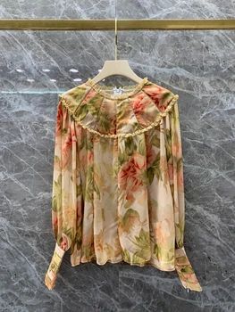 

2020 Early Spring New Women's Crew Neck Lace Stitching Floral Print Long-Sleeve Wild Top 409