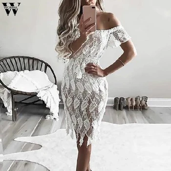 

Womail dress women Sexy Slim Feather Print Hollow Dress Slash neck Skinny Evening Lace Elegant Celebrity Party Nightclub Dress81