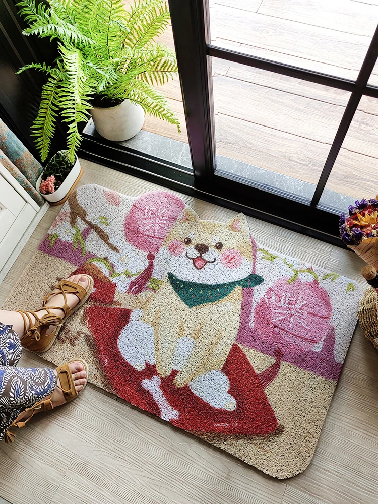 

50x80cm cute cartoon dog /cat pattern wire loop pvc mat rug doormat dust removal non-slip coil carpet kitchen