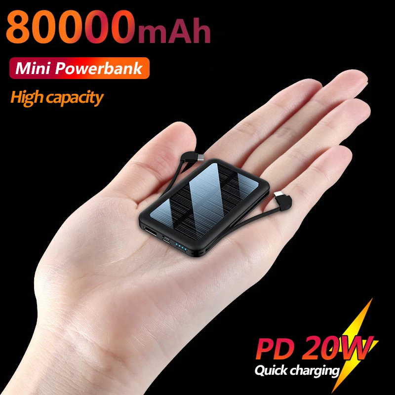 portable phone charger Solar Mobile Power Bank 80000mAh Mini Portable Fast Charging External Battery Comes with Double Charging Cables LED Lighting power bank 20000mah