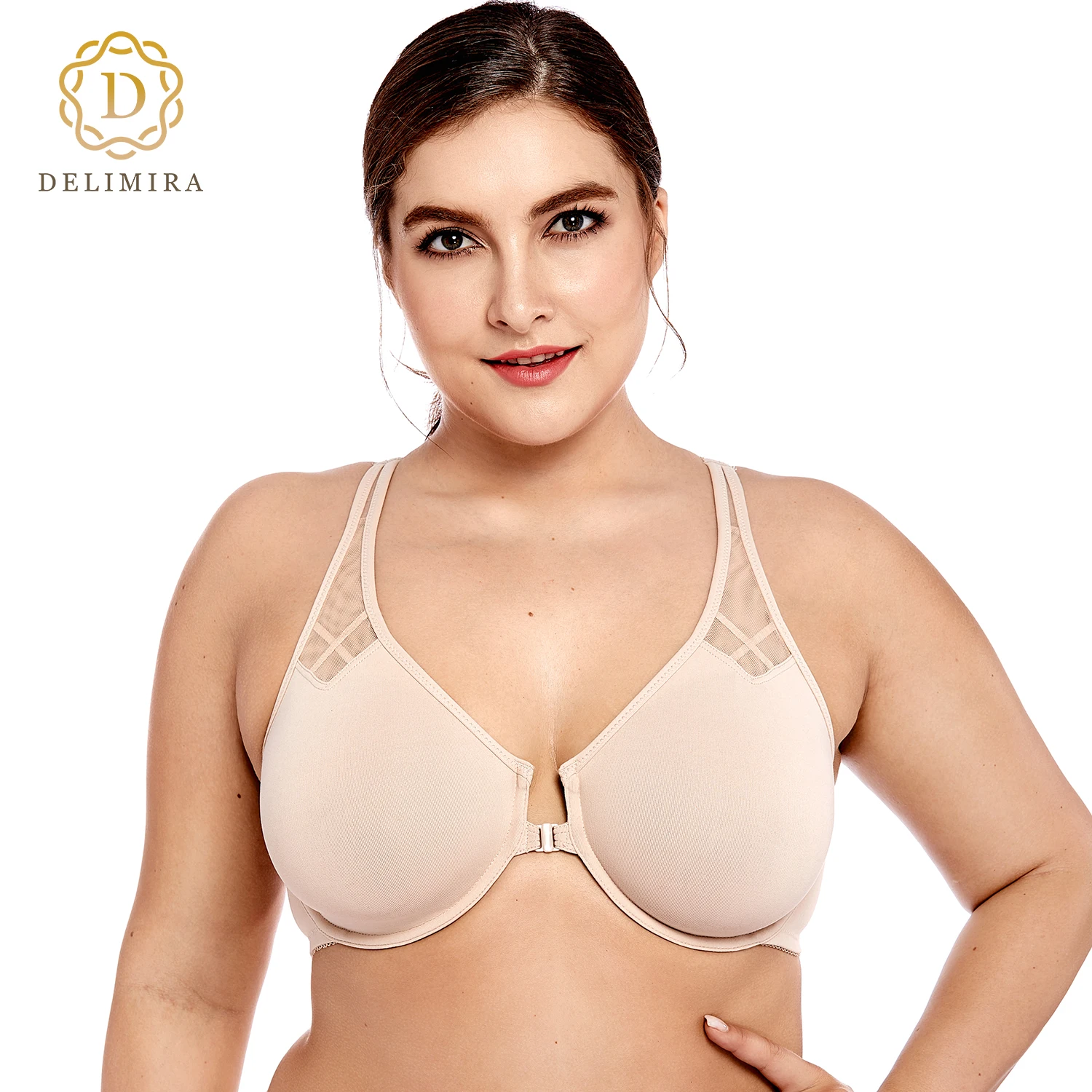 DELIMIRA Women's Front Closure Seamless Bra Racerback Underwire Unlined Plus Size Wide Strap bras