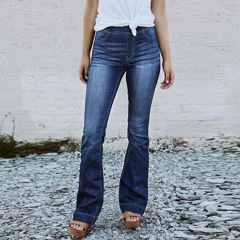 Женские джинсы с эластичной резинкой на талии, женские повседневные потертые джинсовые расклешенные брюки, брюки размера плюс, темно-синие L