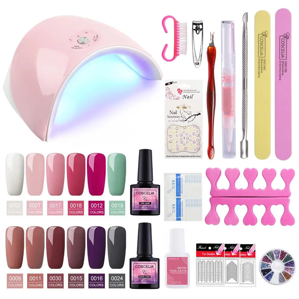  Full Manicure Set 36W UV LED Lamp Dryer 10/12 PCS Gel Nail Polish Kit Soak Off For Nail Art Varnish