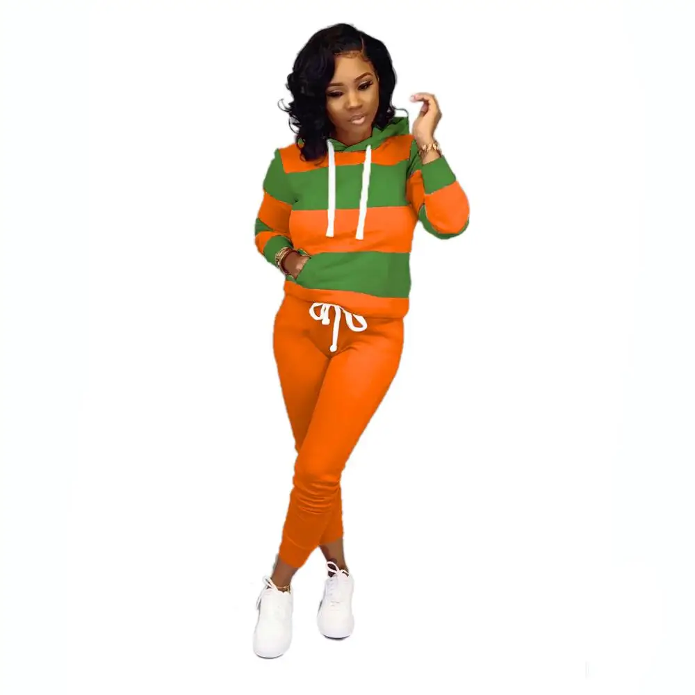 Wjustforu, пэчворк, спортивный костюм с капюшоном, Женский пуловер с длинным рукавом+ повседневные штаны, женский зимний шерстяной Теплый комплект из 2 предметов, тонкий - Цвет: orange green