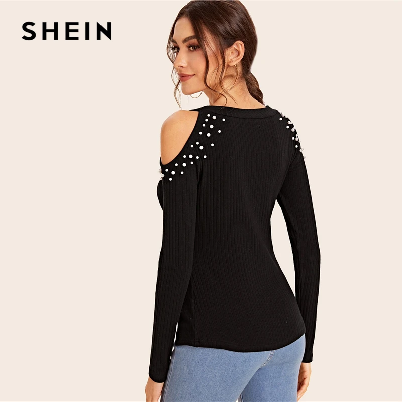 Preise SHEIN Schwarz Kalten Schulter Perlen Perlen Detail Rib knit Top Frauen Elegante T Shirt Herbst Langarm Schmal Geschnittene Solide tees