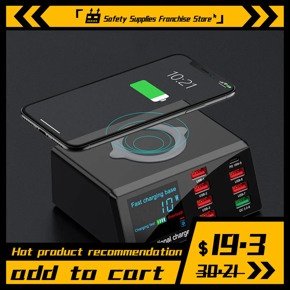 US $21.92 100W PD QC 30 Quick Charger 8 Ports Smart USB Digital Display Charging Dock Station Qi Wireless Fast Charger For IPhone Samsung