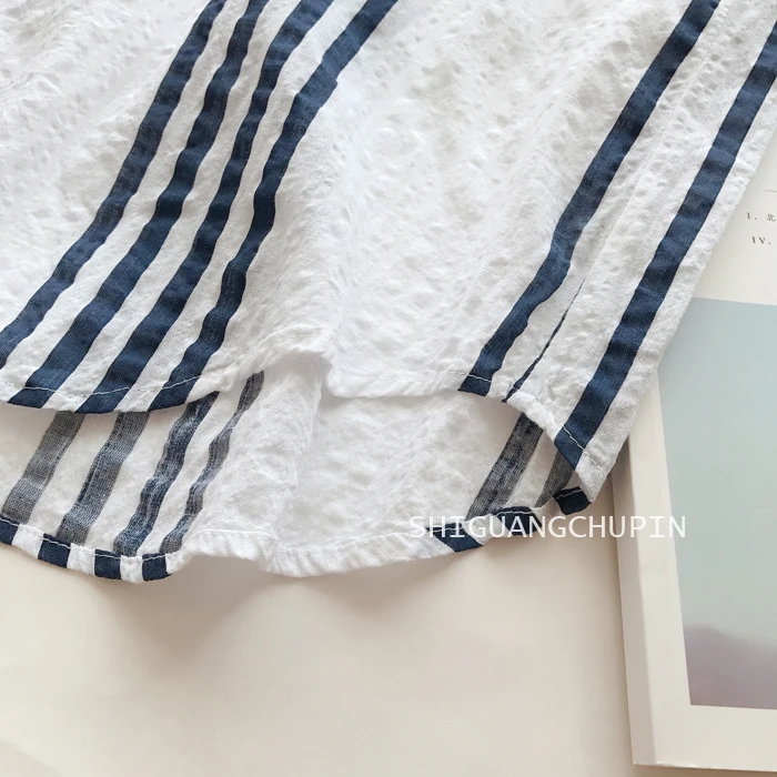 Summer Thin Section Vertical Striped Blouse Female South Korean Joker Brim Show Thin Striped Shirt 7 Minutes Of Sleeve Blouses 4