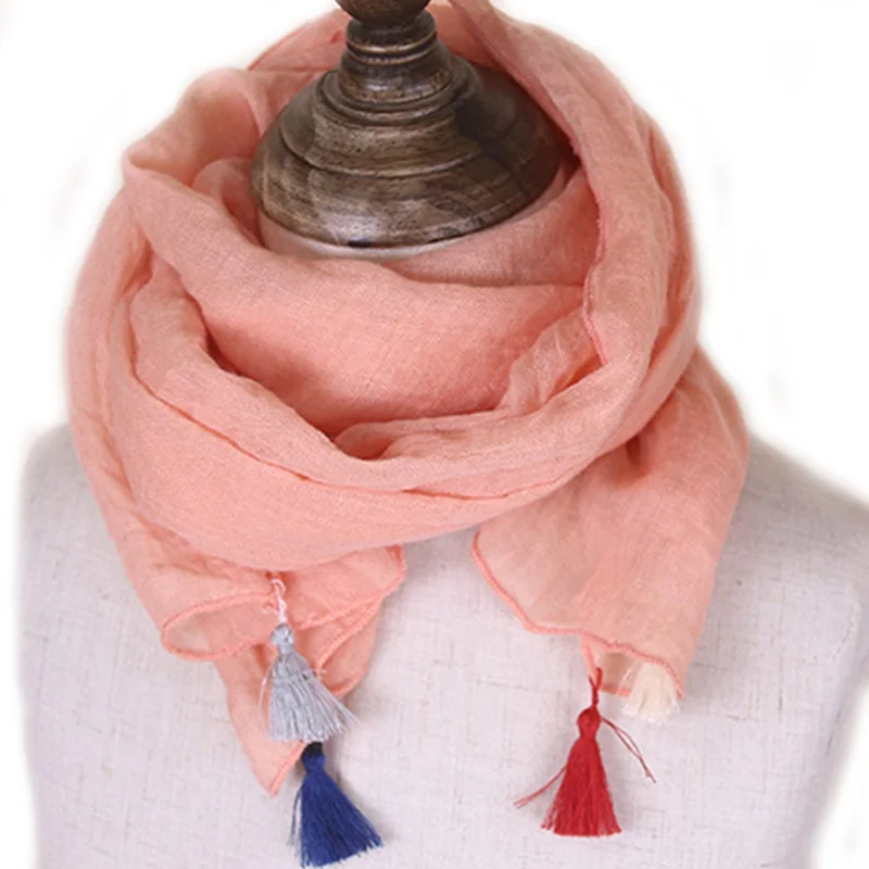 Spring Solid Color Sweet Children Scarf Korean Version Wild Tassels Soft Breathable Cotton Linen Warm Shawl Boys Girls E12